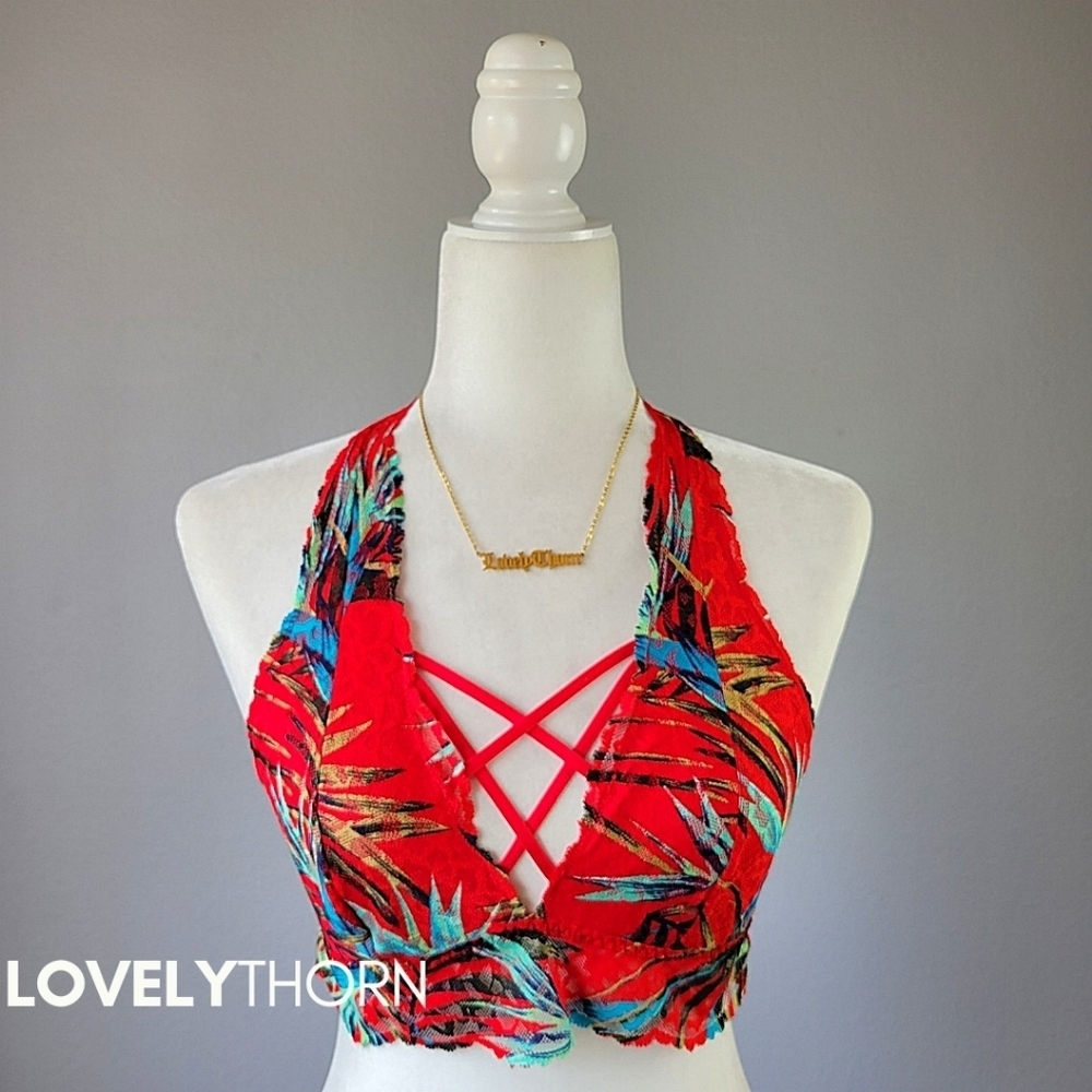 VS PINK // ltd ed stretchy tropical red lace strappy plunge halter bralette